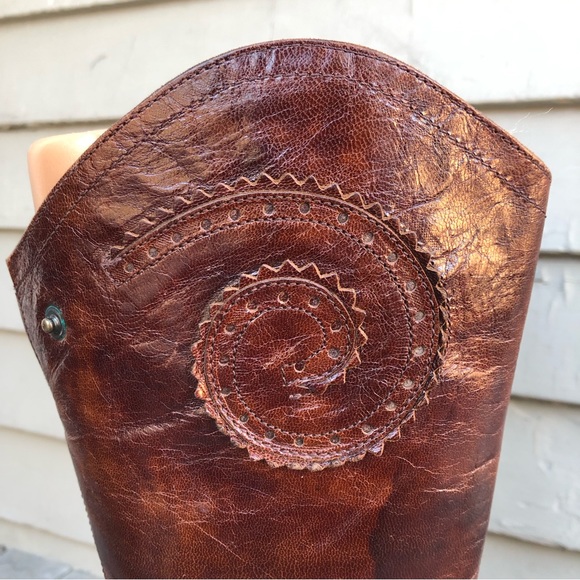 Vintage Italian Brogue Oiled Brown Leather Tall Riding Western Boot Italy 41/11 - Picture 4 of 15